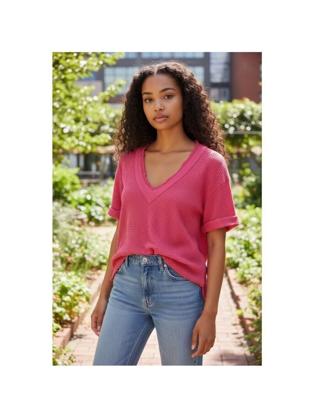 POL Waffle Knit V-Neck Top Red Size S 19.5” (PTP)